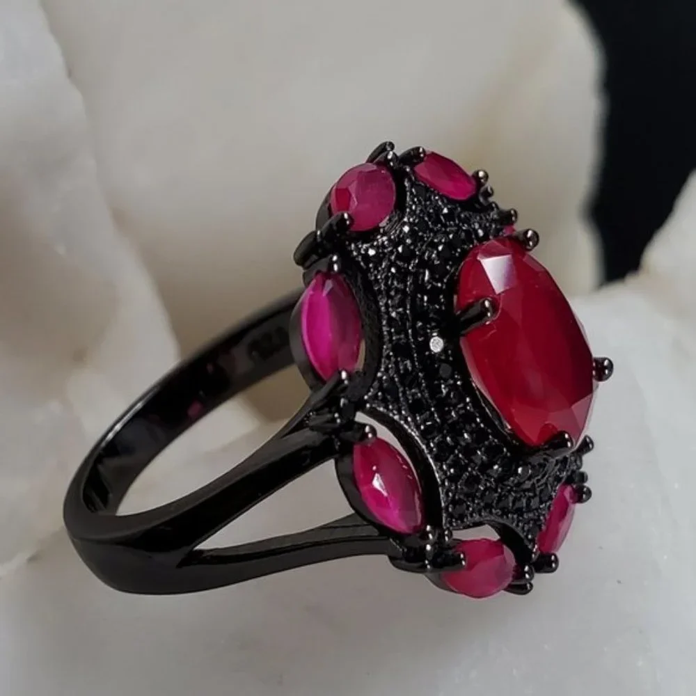 Sterling Silver 925 Black Rhodium Ruby Ring Classic Setting Silversmith